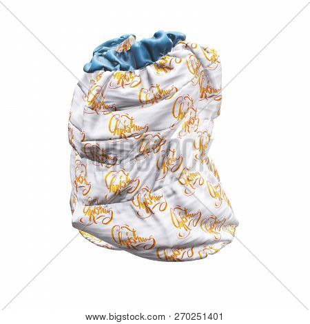 Santa Clauss Bag Or Sack With Christmas Word Lettering Made By Watercolor , Full Of Gifts, On White 