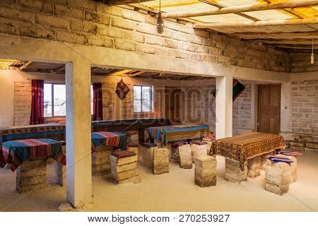 Puerto Chuvica, Bolivia - April 16, 2015: Interior Of A Hotel Made Of Salt Near Salt Plain Salar De 
