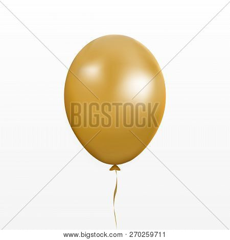 Gold Balloon Vector. Party Baloon With Ribbon And Shadov Isolated On White Background. Flying 3d Bal