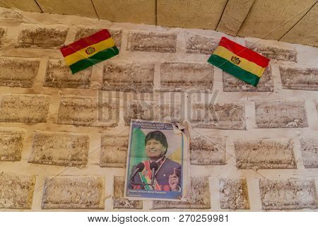 Puerto Chuvica, Bolivia - April 16, 2015: President Evo Molares Poster In A Hotel Made Of Salt Near 