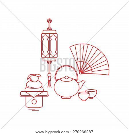 Eastern New Year Symbols. Chinese Lantern, Kettle With Two Cups, Fan, Kagami Mochi. Festive Traditio
