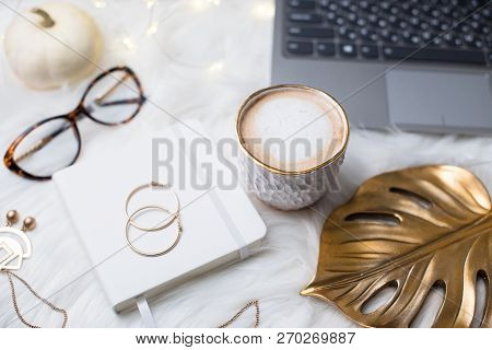 Lady Bloggers White Work Space With Gold Details, Laptop And Cof