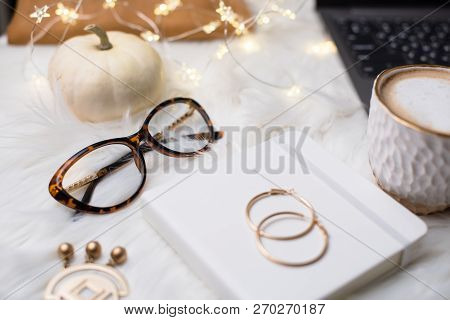 Lady Bloggers White Work Space With Gold Details, Laptop And Cof
