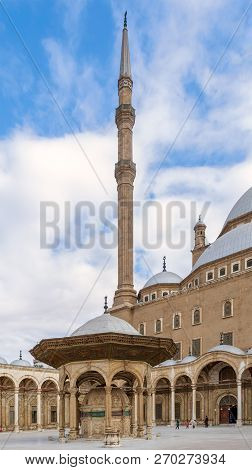 Cairo, Egypt - January 10 2016: Ablution Fountain And Minaret At The Courtyard Of The Great Mosque O