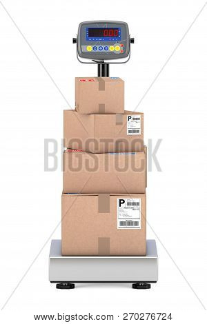 Stacked Cardboard Boxes Parcels Over Warehouse Digital Cargo Scales On A White Background. 3d Render