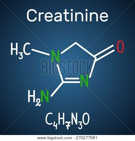 Creatinine Molecule. Structural Chemical Formula And Molecule Model On The Dark Blue Background. Vec