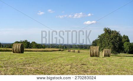 Country Landscape At Summer Near Boves, Cuneo, Piedmont, Italy. Field With Bales