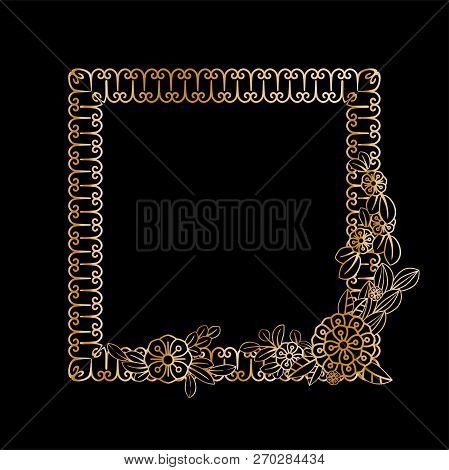 Golden Floral Frame Template. Flowers And Plants Squarer Frame. Design Element With Space For Your T