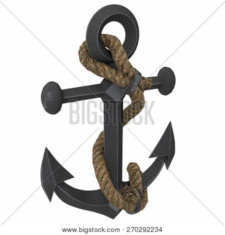 Old Anchor With Rope On An Isolated White Background. 3d Illustration