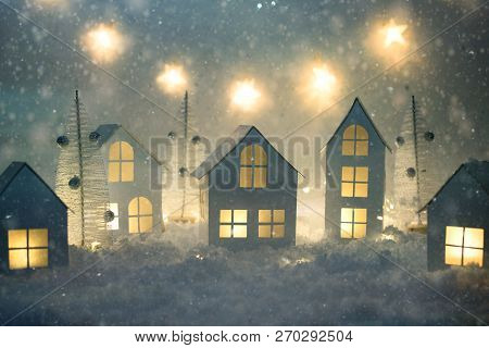 Handmade Small White Paper City. Small Paper Village And Christmas Lights. Christmas Decorations. Ho