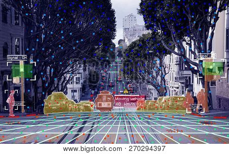 Autonomous Driving Concept Showing Lidar, Radar And Camera Sensor Signal System, Self-driving