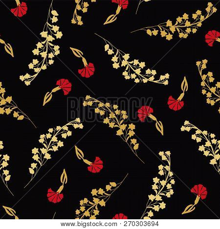 Vector Gold And Red Flowers On A Black Background Seamless Repeat Pattern