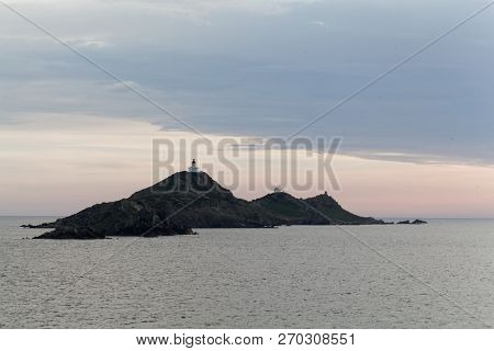 The Island Ile Sanguinaires Near Ajaccio In Corsica, France, During Sunset.