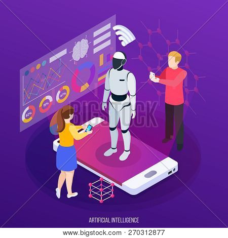 Artificial Intelligence Isometric Composition Human Characters And Robot On Mobile Device Screen On 