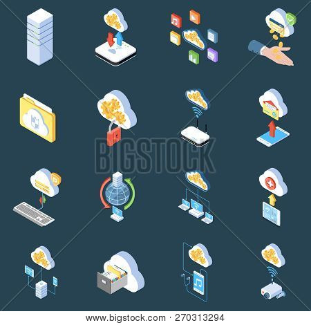 Cloud Technology Isometric Icons Of Storage Protection And Synchronization Of Data On Dark Backgroun