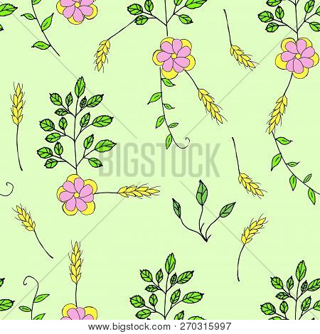Seamless Pattern With Wild Flowers In The Style Of The Doodle