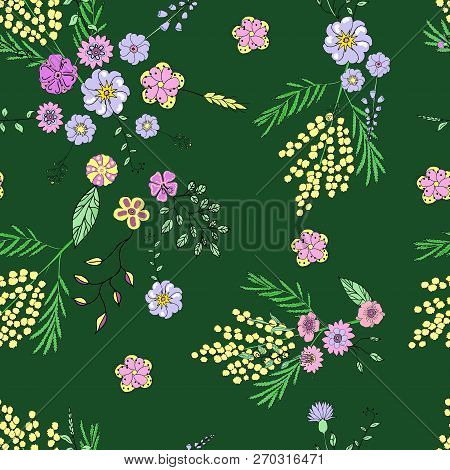 Seamless Pattern With Wild Flowers In The Style Of The Doodle