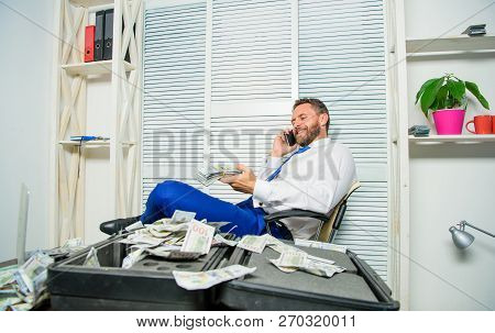 Blackmail And Money Extortion. Illegal Money Profit Concept. Businessman Discuss Successful Deal. Fr