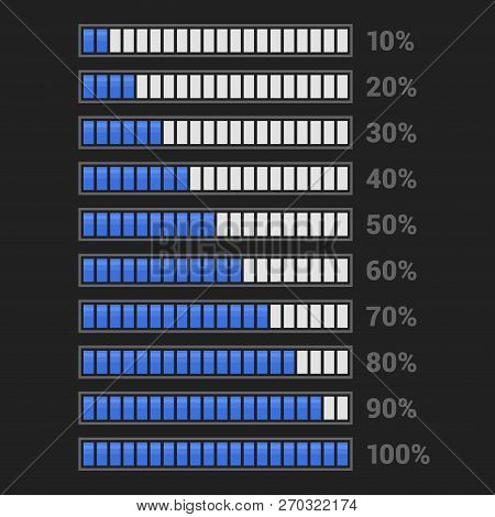 Blue Progress Bar Set On Dark Background. Vector