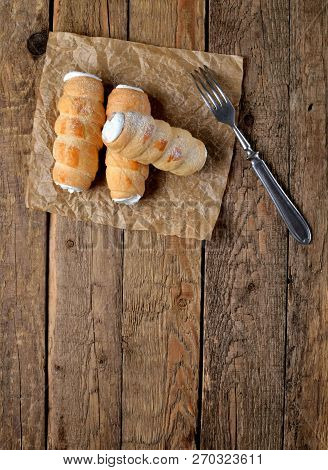 View From Above Of Custard Tube Of Pastry Filled With Cream - Dessert Cake - Traditional Czech Sweet