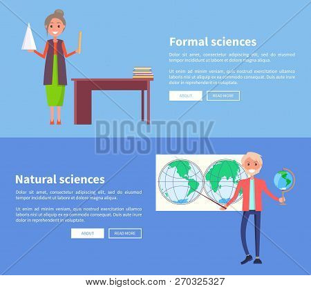 Formal And Natural Sciences Web Banners With Teacher Standing Near Blackboard And Professor Of Geogr