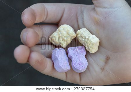 A Close Up View Of A Small Child Holding Four Animal Shaped Vitamins In The Plam Of His Hand