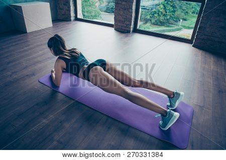 Top Above Haigh Angle View Of Healthy Beautiful Strong Purposeful Focused Sporty Enduring Girl In Pl
