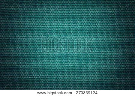 Dark Turquoise Background From A Textile Material With Wicker Pattern, Closeup. Structure Of The Gre