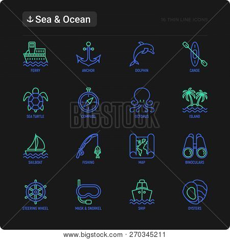 Sea And Ocean Journey Thin Line Icons Set: Sailboat, Fishing, Ship, Oysters, Anchor, Octopus, Compas