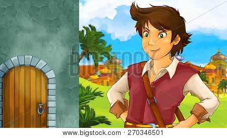 Cartoon Scene With Medieval Arabic Kingdom Prince Or King Traveling Near Wooden Door Entrance - Far 