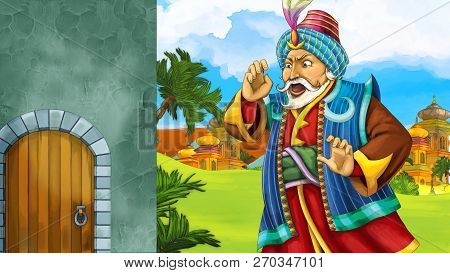 Cartoon Scene With Medieval Arabic Kingdom Prince Or King Traveling Near Wooden Door Entrance - Far 