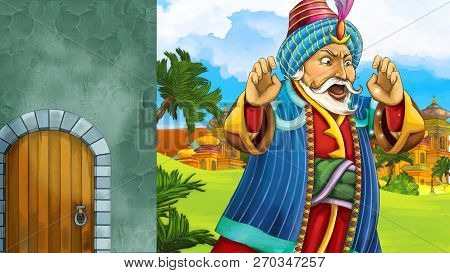 Cartoon Scene With Medieval Arabic Kingdom Prince Or King Traveling Near Wooden Door Entrance - Far 
