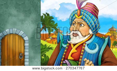 Cartoon Scene With Medieval Arabic Kingdom Prince Or King Traveling Near Wooden Door Entrance - Far 