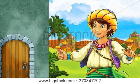 Cartoon Scene With Medieval Arabic Kingdom Prince Or King Traveling Near Wooden Door Entrance - Far 