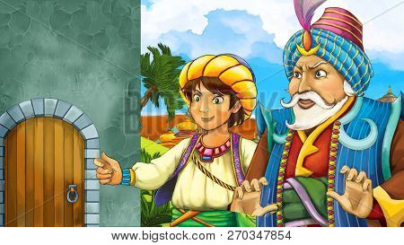 Cartoon Scene With Medieval Arabic Kingdom Prince Or King Traveling Near Wooden Door Entrance - Far 