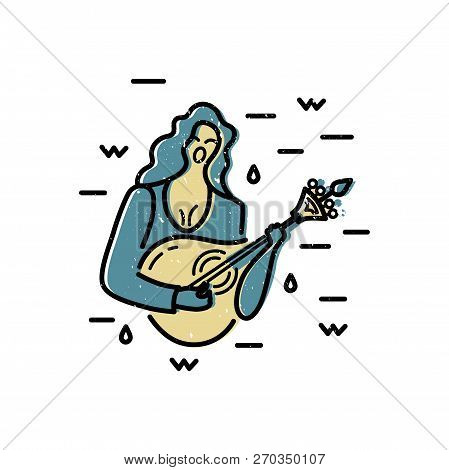 Woman With Guitar Is Singing A Song. Vector Logo Design. Portuguese Sad Song Fado. Flat And Line Sty