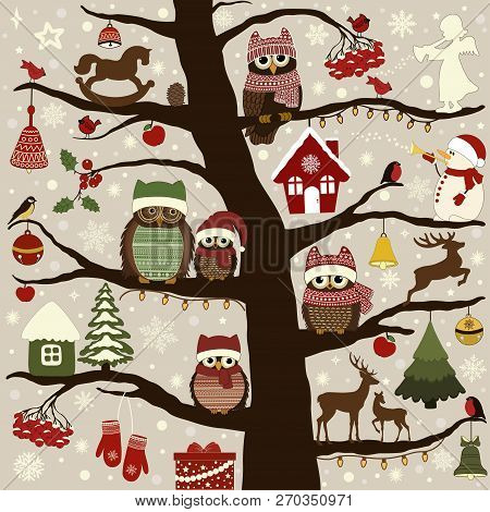 Greeting Card With Tree And Christmas Birds, And Christmas Elements