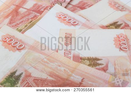 Five Thousand Rubles Bill. Russian Rubles. A Bunch Of 5000 Russian Banknotes Close Up. Russian Paper