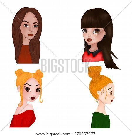 Set Of Cartoon Portraits Of Girls In Watercolour And Pencil Technique