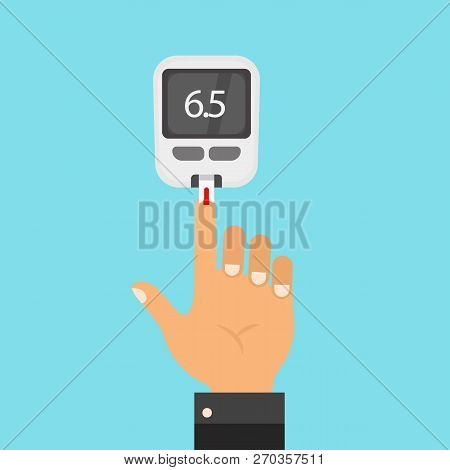 Blood Test With Finger Isolated On White Background. Glucometer. Testing Glucose. Blood Sugar Readin