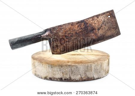 Rusty Chopper Knife On Wooden Chopping Board Isolated On White Background