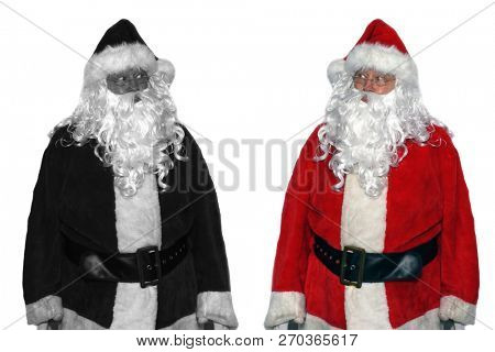 Santa Claus. Santa Claus sees his DOPPELGANGER or Evil Twin in black and white. Isolated on white. Room for text. Santa is easily removed and replaced with text or images. 
