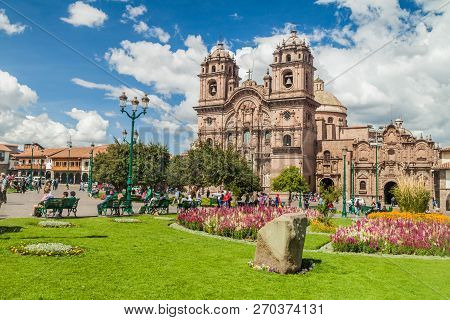 Cuzco, Peru - May 23, 2015:  La Compania De Jesus Church On Plaza De Armas Square In Cuzco, Peru.