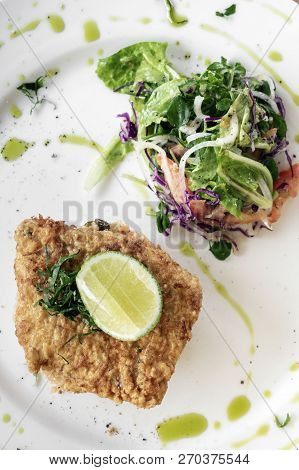 Fresh Fried Battered Cod Fish Fillet Summer Light Lunch Meal With Basque Mixed Vegetable Spicy Rice 