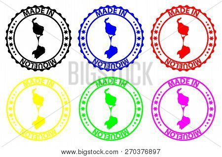 Made In Miquelon - Rubber Stamp - Vector, Miquelon Map Pattern - Black, Blue, Green, Yellow, Purple 