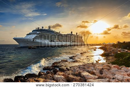 Willemstad, Curacao - April 10, 2018:  Cruise Ship Celebrity Eclipse Docked At Port Willemstad On Su