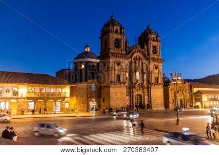 Cuzco, Peru - May 23, 2015:  La Compania De Jesus Church On Plaza De Armas Square In Cuzco, Peru.