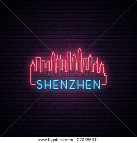 Concept Neon Skyline Of Shenzhen City. Bright Shenzhen Banner. Vector Illustration.