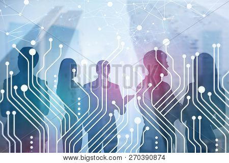 Silhouettes Of Business Team Members Over Blurred Cityscape Background With Double Exposure Of Circu