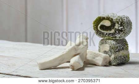 Rose Turkish Delight Rahat Lucum, Candy On A White Wooden Background